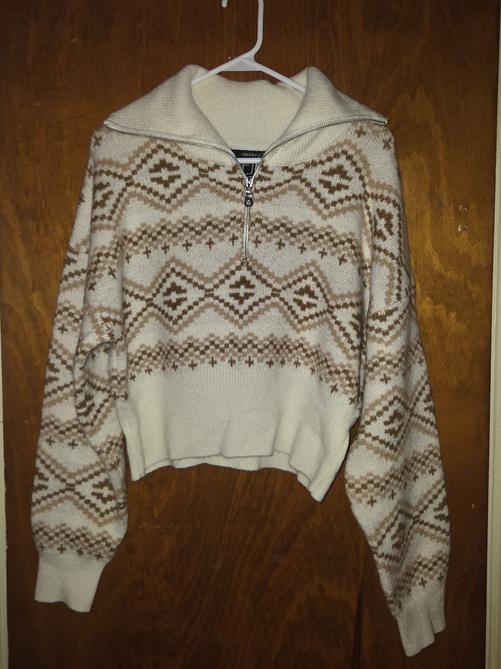 Forever 21 Cream and Brown Fair Isle Half-Zip Pullover Sweater